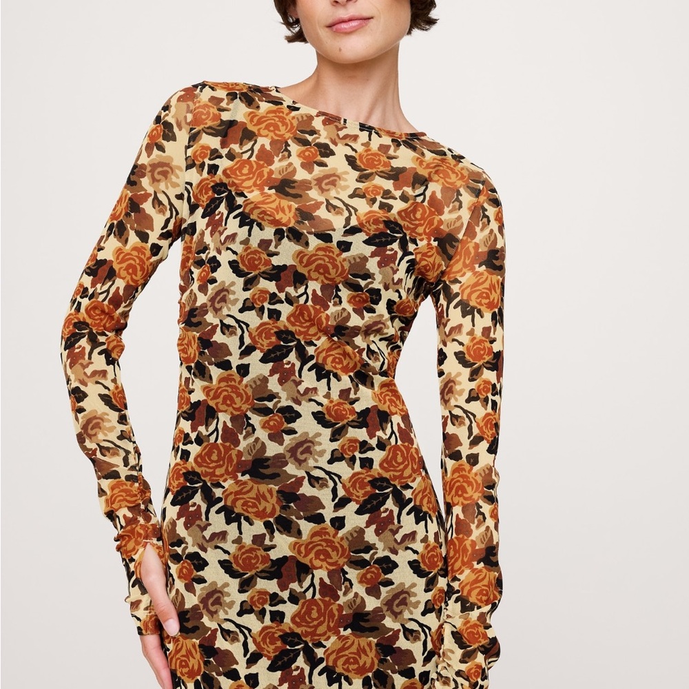 BR Printed Mesh Maxi Dress | Yellow Roses | XS NWOT